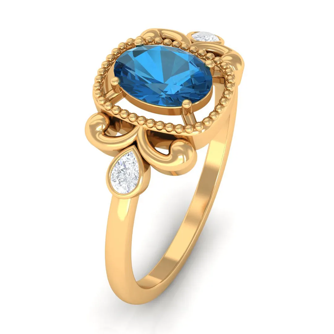 1.25 CT Oval London Blue Topaz Vintage Solitaire Ring with Diamond and Beaded
