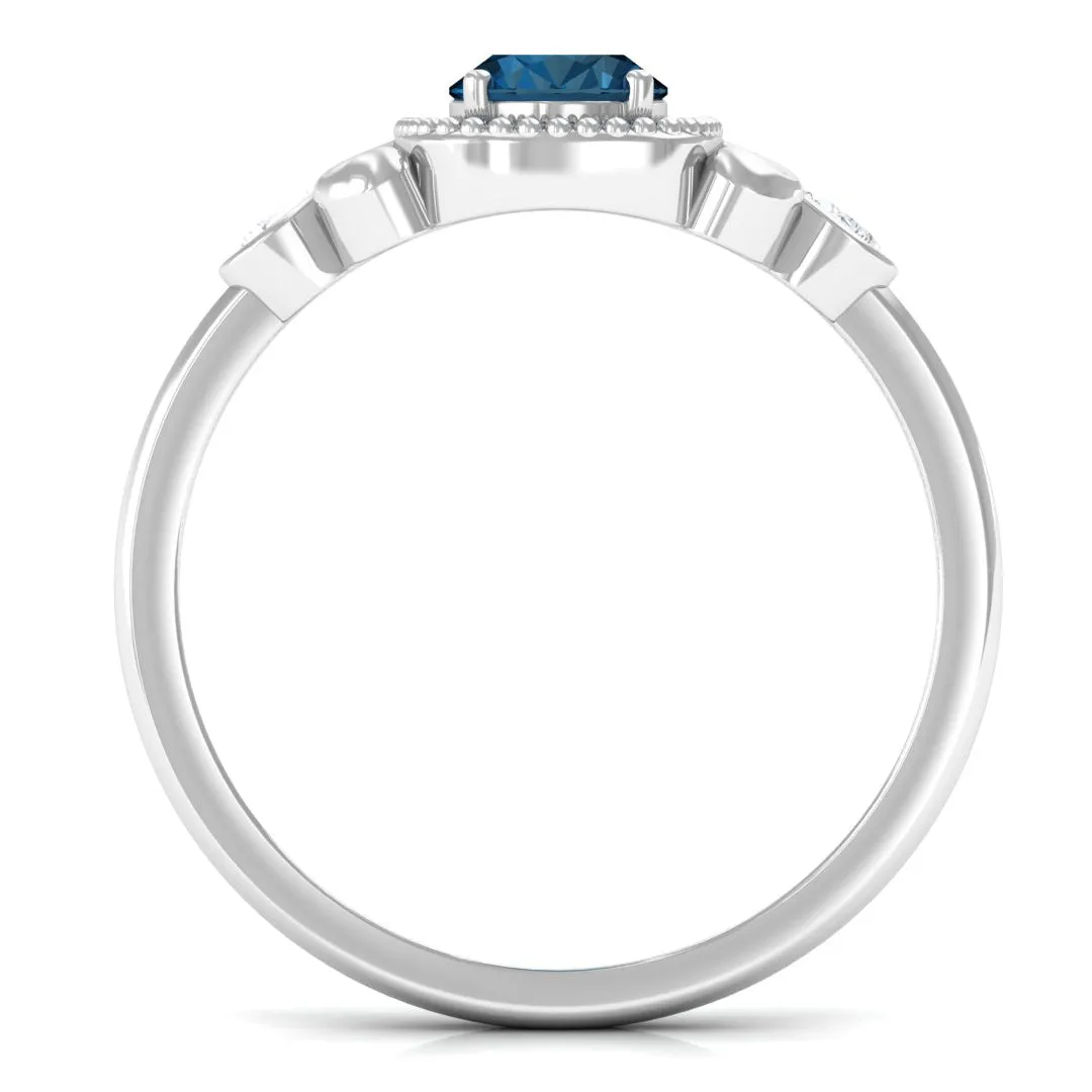 1.25 CT Oval London Blue Topaz Vintage Solitaire Ring with Diamond and Beaded