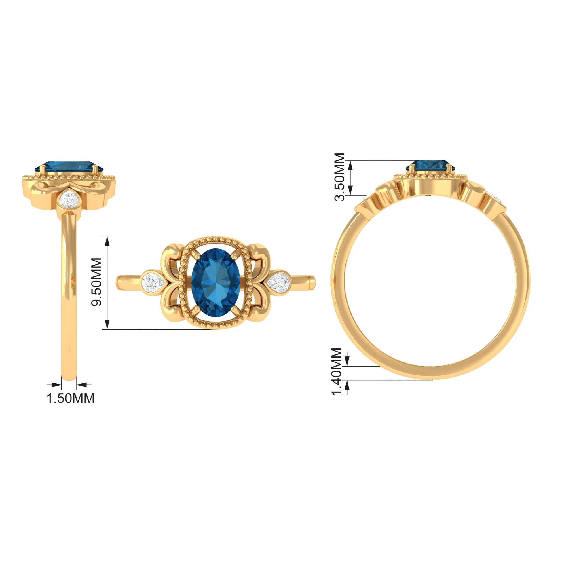 1.25 CT Oval London Blue Topaz Vintage Solitaire Ring with Diamond and Beaded