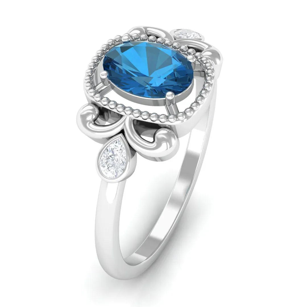 1.25 CT Oval London Blue Topaz Vintage Solitaire Ring with Diamond and Beaded