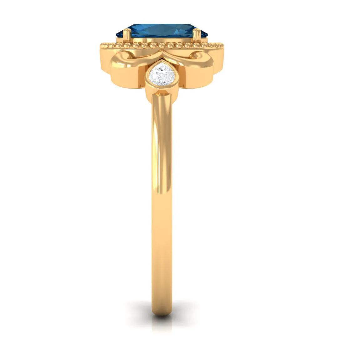 1.25 CT Oval London Blue Topaz Vintage Solitaire Ring with Diamond and Beaded