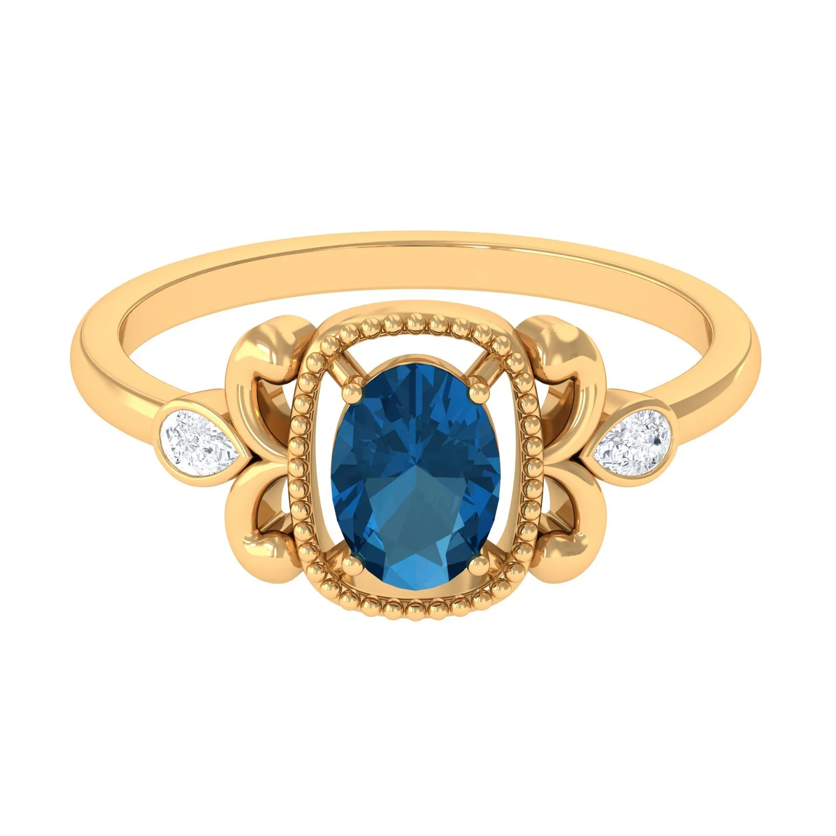 1.25 CT Oval London Blue Topaz Vintage Solitaire Ring with Diamond and Beaded