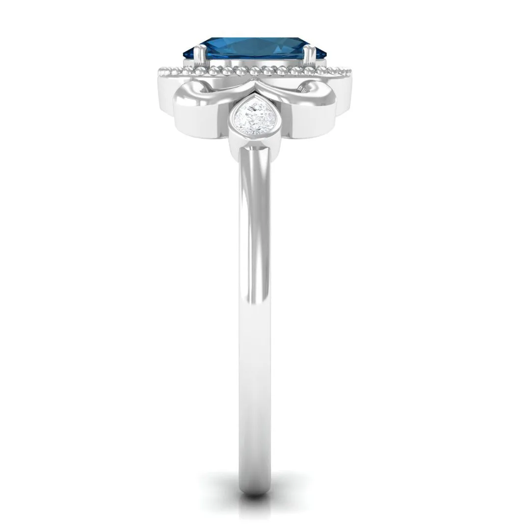 1.25 CT Oval London Blue Topaz Vintage Solitaire Ring with Diamond and Beaded