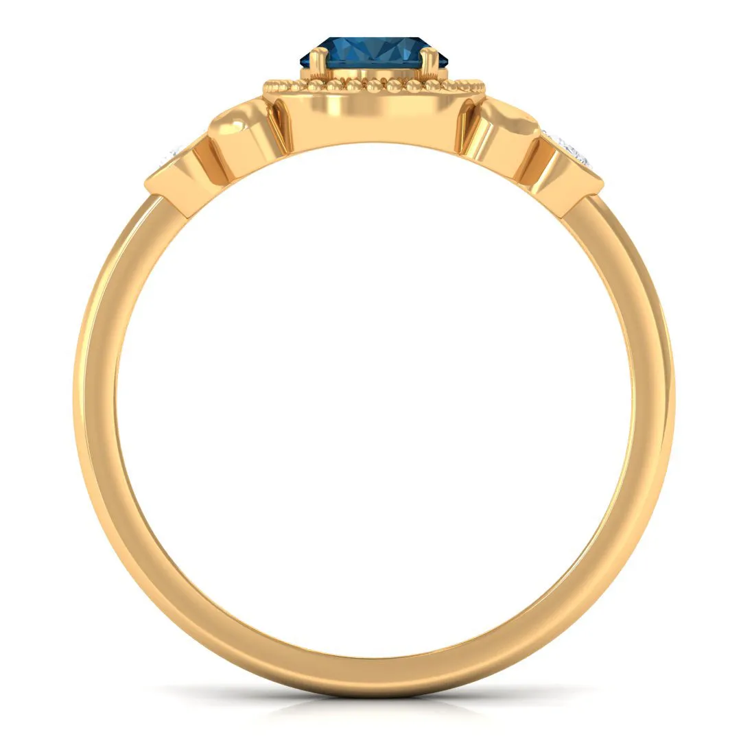 1.25 CT Oval London Blue Topaz Vintage Solitaire Ring with Diamond and Beaded