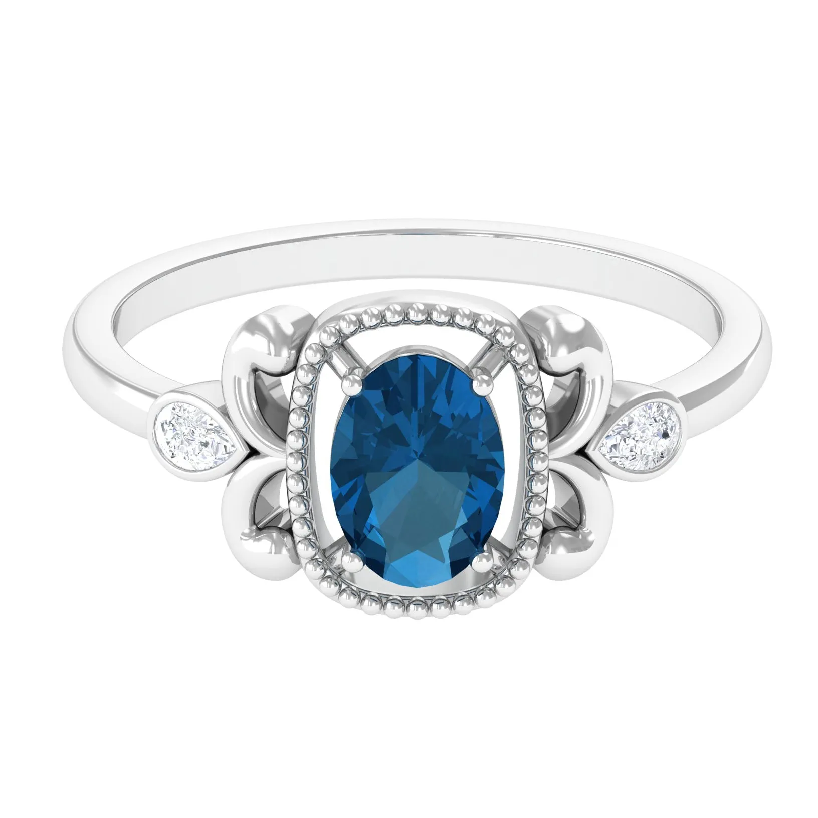 1.25 CT Oval London Blue Topaz Vintage Solitaire Ring with Diamond and Beaded