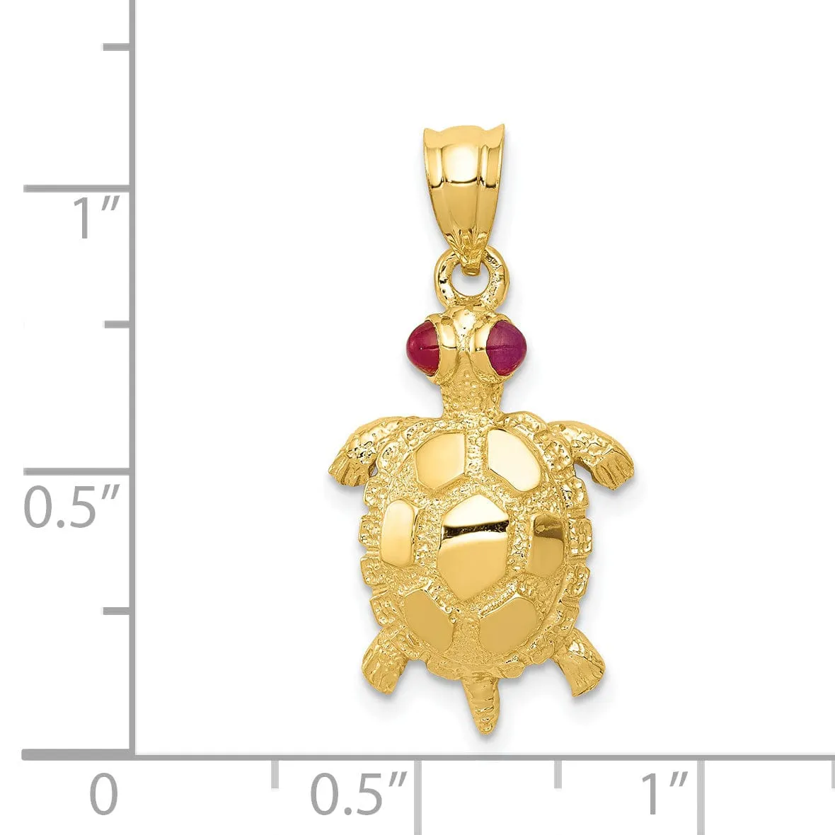 14k Yellow Gold Solid Textured Casted Polished Finish Turtle with Ruby Eyes Charm Pendant