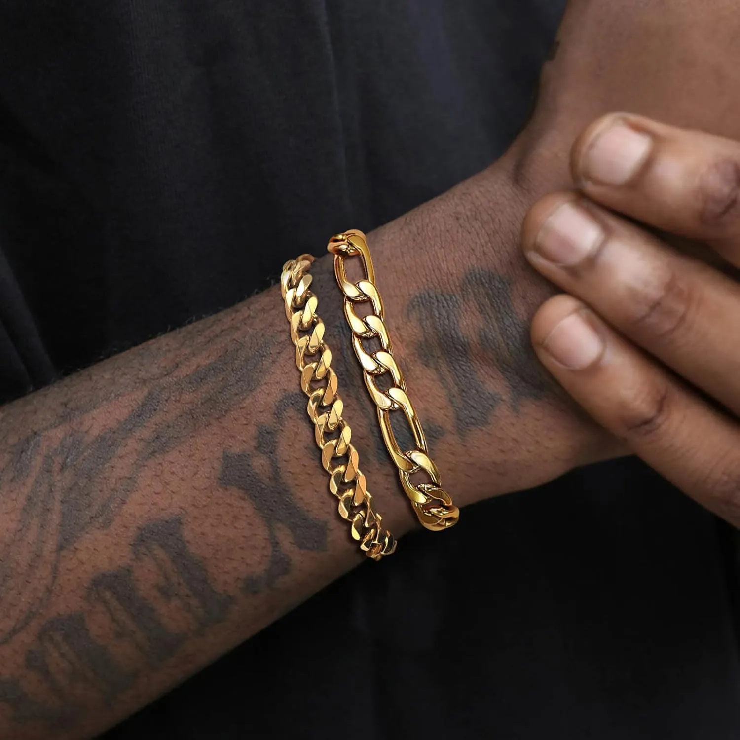 2Pcs Stainless Steel Bracelets for Men Gold Silver Cuban Link Figaro Rope Chain Bracelet Set Curb Width Sturdy Bracelet 7.5/8.3/9 Inches Jewelry Gifts for Dad Boyfriend Husband