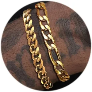 2Pcs Stainless Steel Bracelets for Men Gold Silver Cuban Link Figaro Rope Chain Bracelet Set Curb Width Sturdy Bracelet 7.5/8.3/9 Inches Jewelry Gifts for Dad Boyfriend Husband