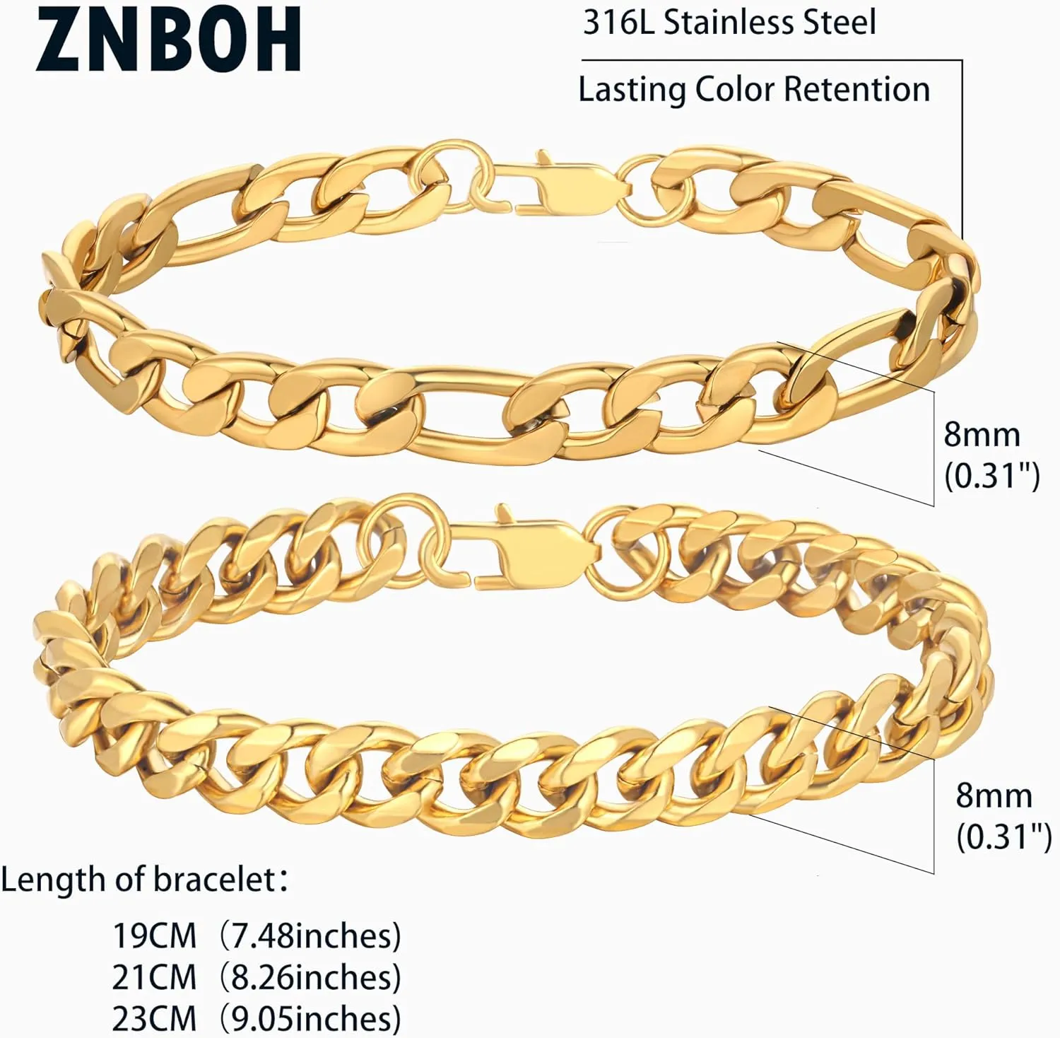 2Pcs Stainless Steel Bracelets for Men Gold Silver Cuban Link Figaro Rope Chain Bracelet Set Curb Width Sturdy Bracelet 7.5/8.3/9 Inches Jewelry Gifts for Dad Boyfriend Husband