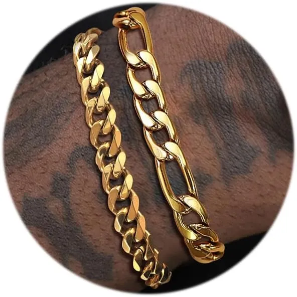 2Pcs Stainless Steel Bracelets for Men Gold Silver Cuban Link Figaro Rope Chain Bracelet Set Curb Width Sturdy Bracelet 7.5/8.3/9 Inches Jewelry Gifts for Dad Boyfriend Husband