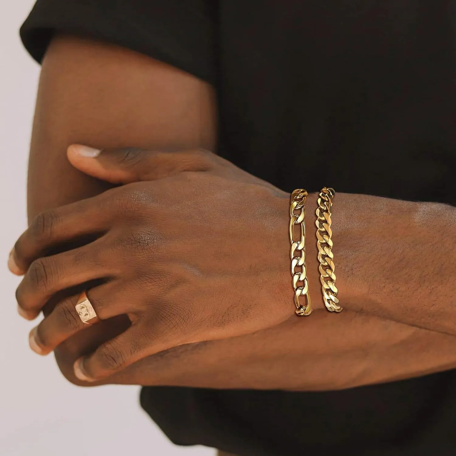 2Pcs Stainless Steel Bracelets for Men Gold Silver Cuban Link Figaro Rope Chain Bracelet Set Curb Width Sturdy Bracelet 7.5/8.3/9 Inches Jewelry Gifts for Dad Boyfriend Husband