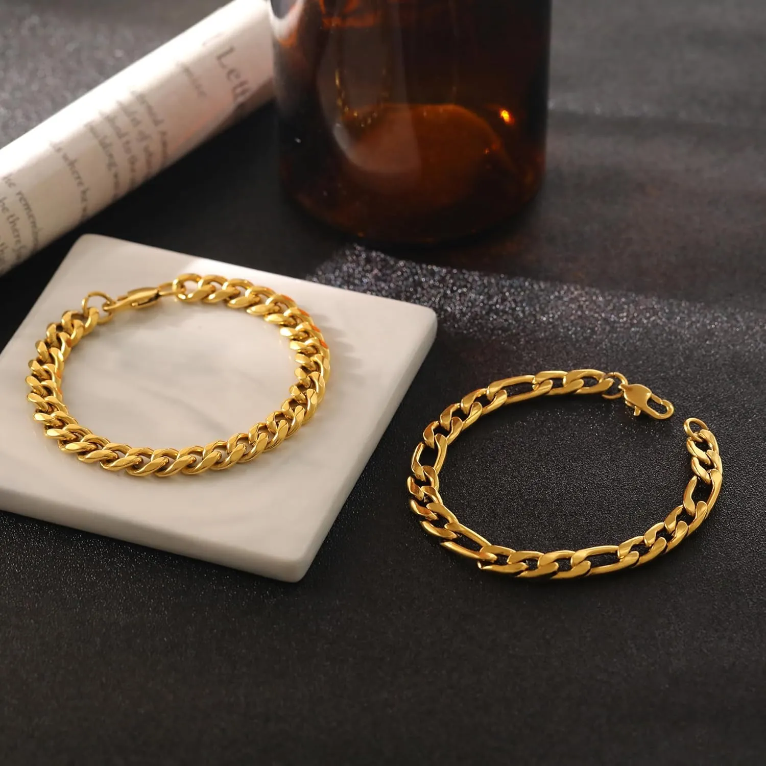 2Pcs Stainless Steel Bracelets for Men Gold Silver Cuban Link Figaro Rope Chain Bracelet Set Curb Width Sturdy Bracelet 7.5/8.3/9 Inches Jewelry Gifts for Dad Boyfriend Husband