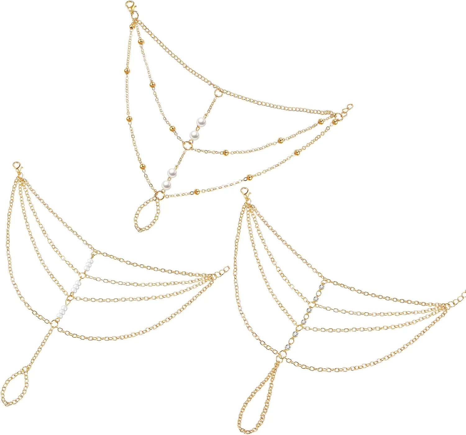 3 Pieces Ring Bracelet Hand Chain Finger Ring Bracelet Gold Tassel Hand Jewelry Slave Chain for Women, 3 Styles