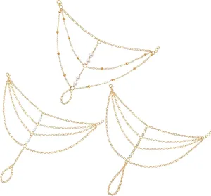3 Pieces Ring Bracelet Hand Chain Finger Ring Bracelet Gold Tassel Hand Jewelry Slave Chain for Women, 3 Styles