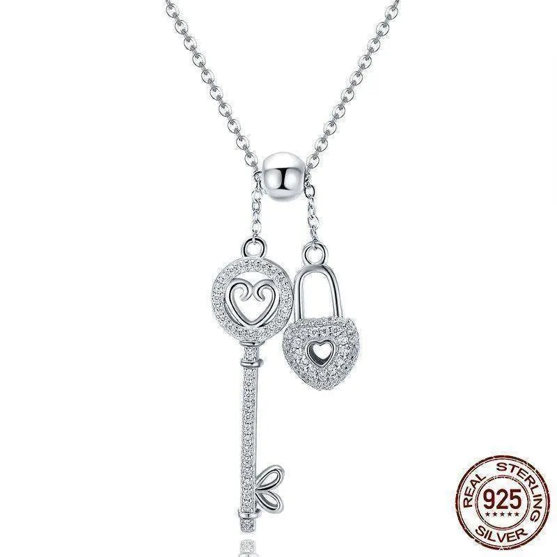 925 Sterling Silver Key of Heart Lock Pendant Necklace Charm Jewelry