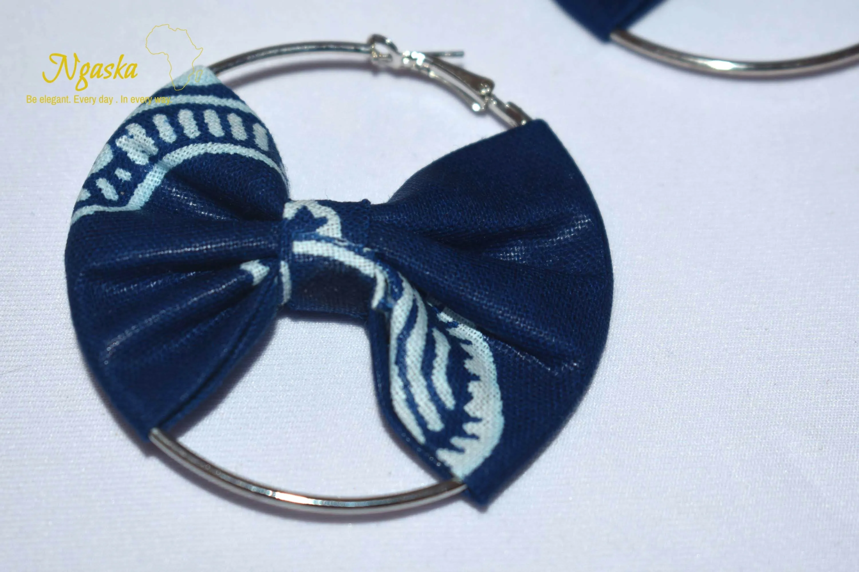 African Print Creole Hoop Earrings, Dark Blue - ER7