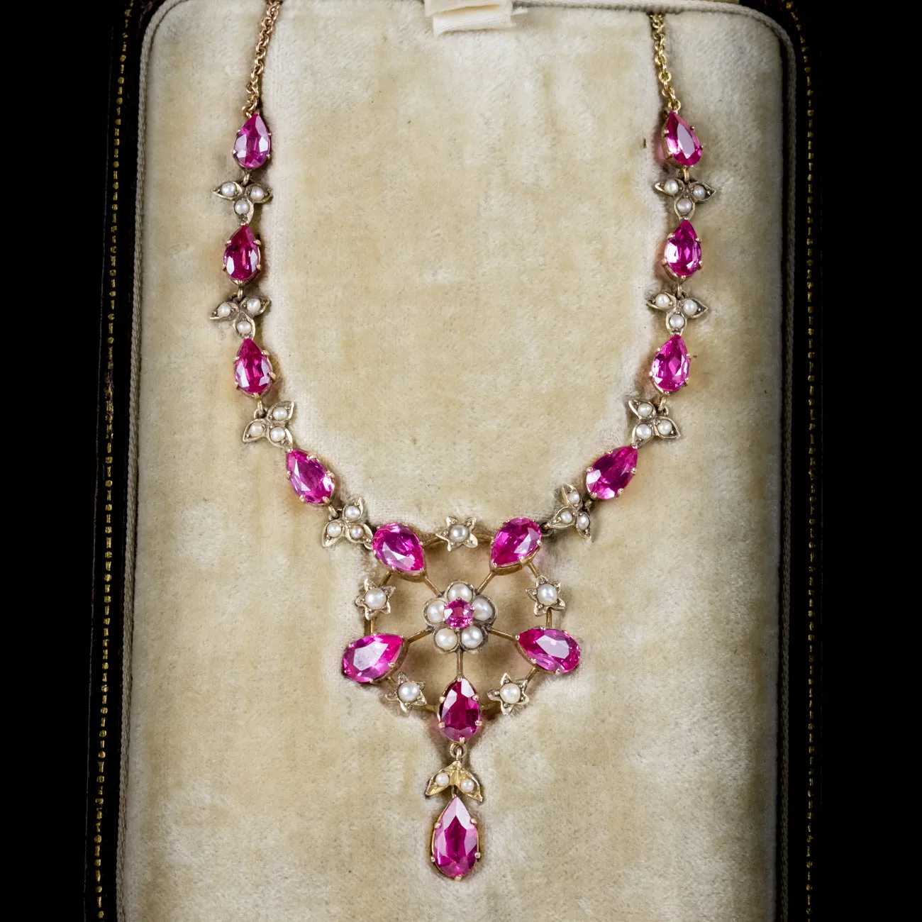 Antique Victorian Pink Paste Pearl Necklace 9Ct Gold Circa 1900 Boxed