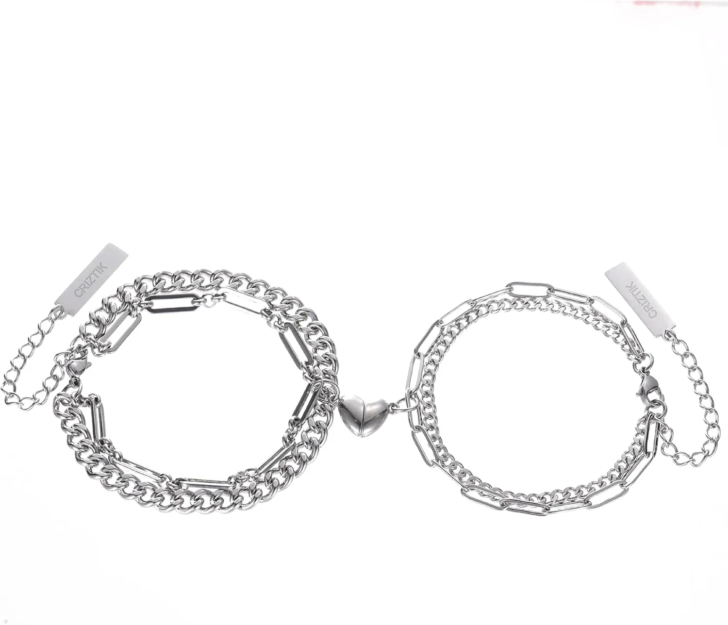 CRIZTIK Stainless Steel Couple Bracelet Paper Clip Link Chain Layered Chunky Chain Bracelet Handmade Lock Pendant Bracelets Set Friendship Bracelets Gift for Women Men