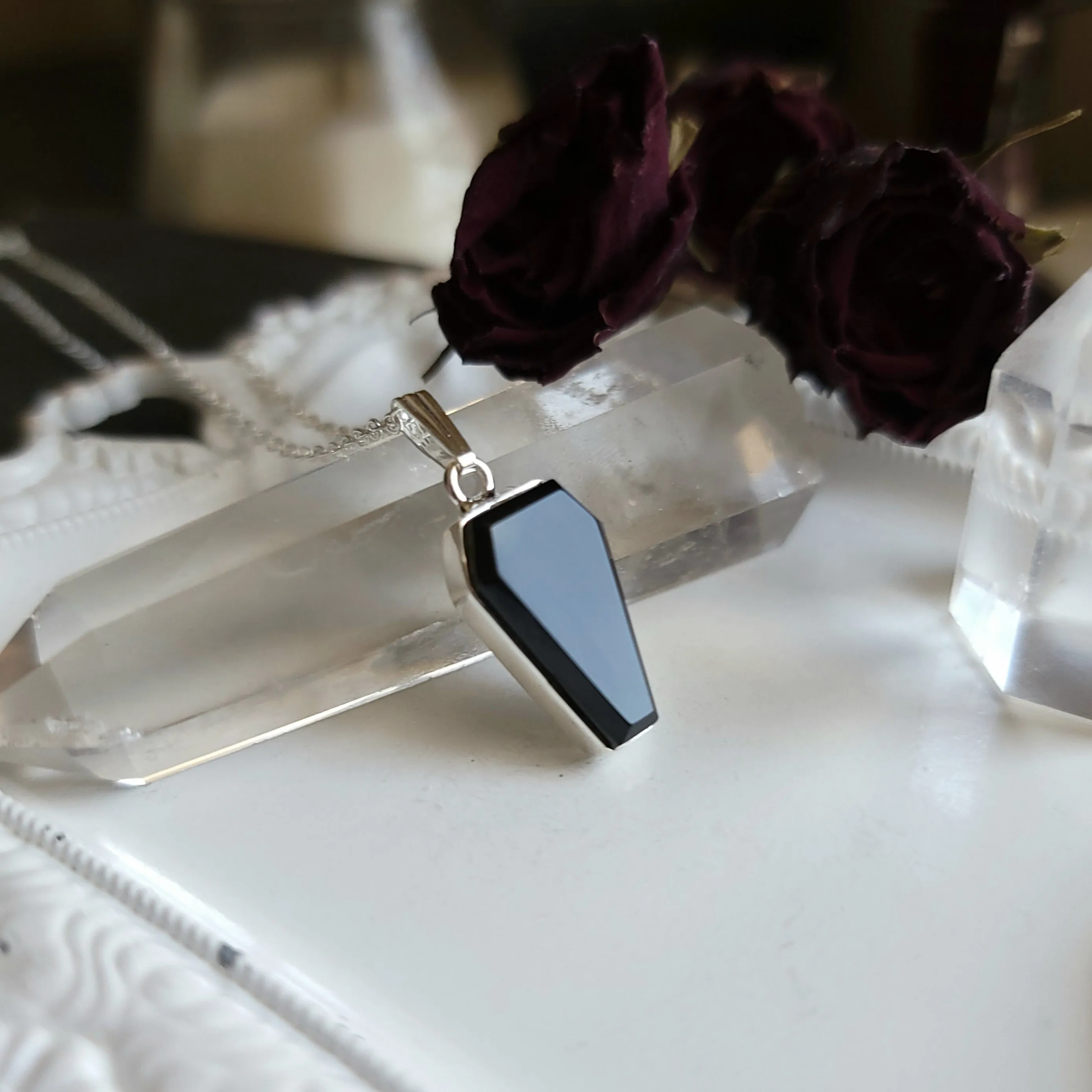 Crystal Coffin Necklace - Sterling Silver Obsidian