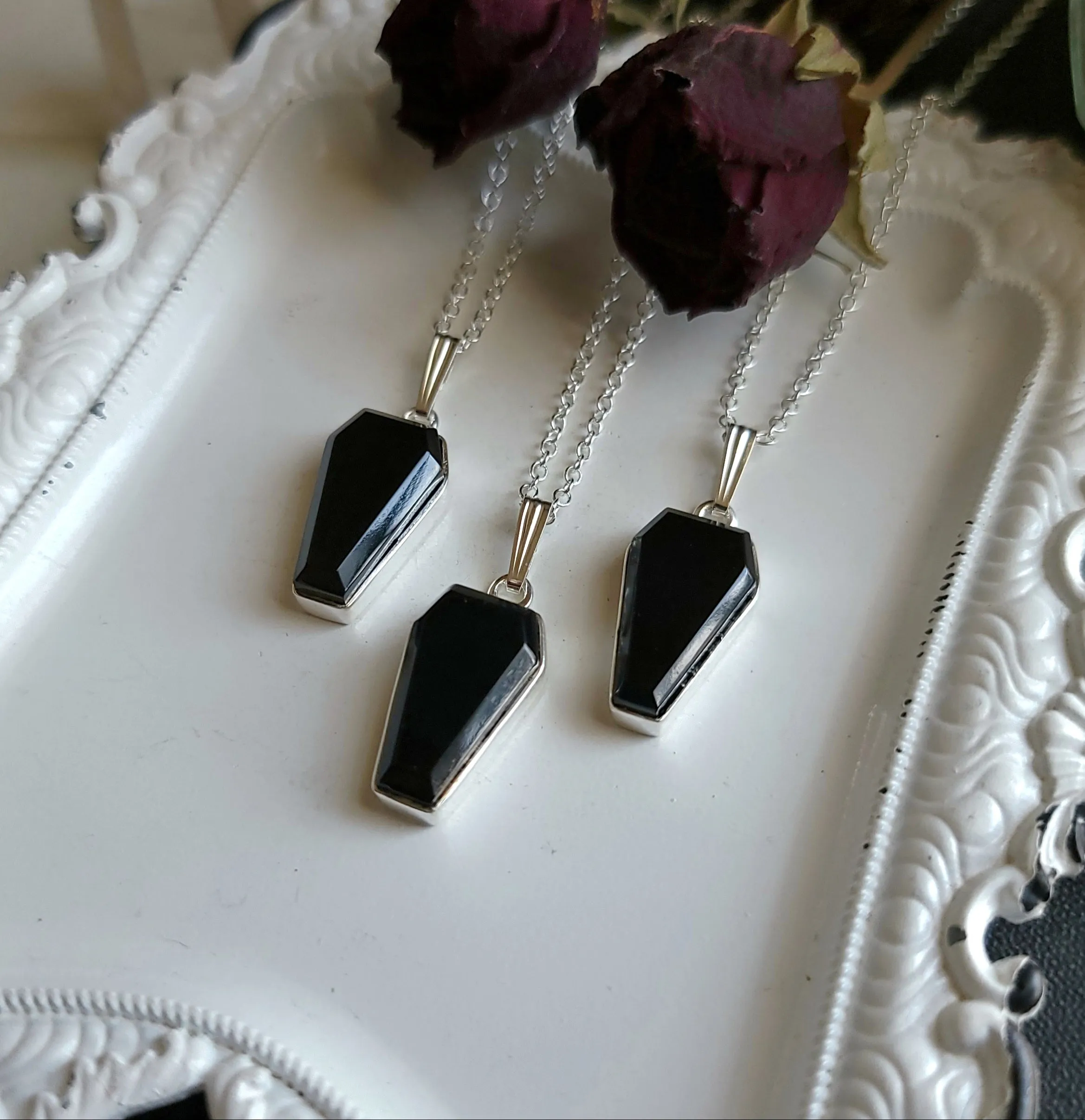Crystal Coffin Necklace - Sterling Silver Obsidian