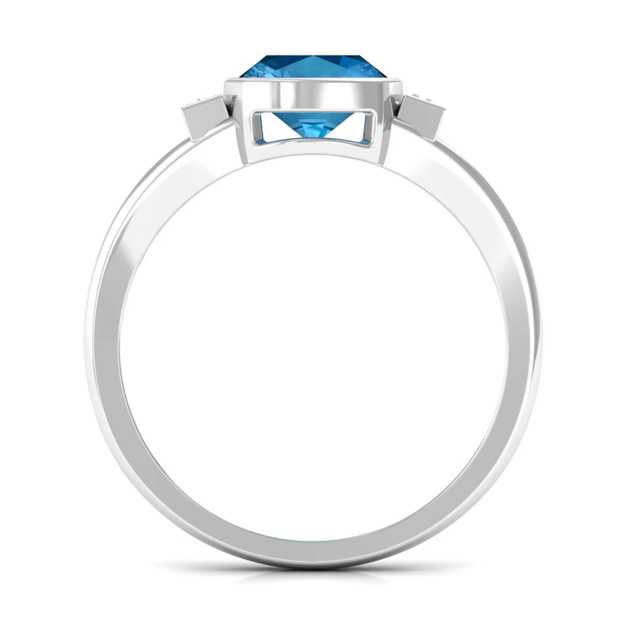 Cushion Cut Swiss Blue Topaz Solitaire Ring with Diamond in Split Shank