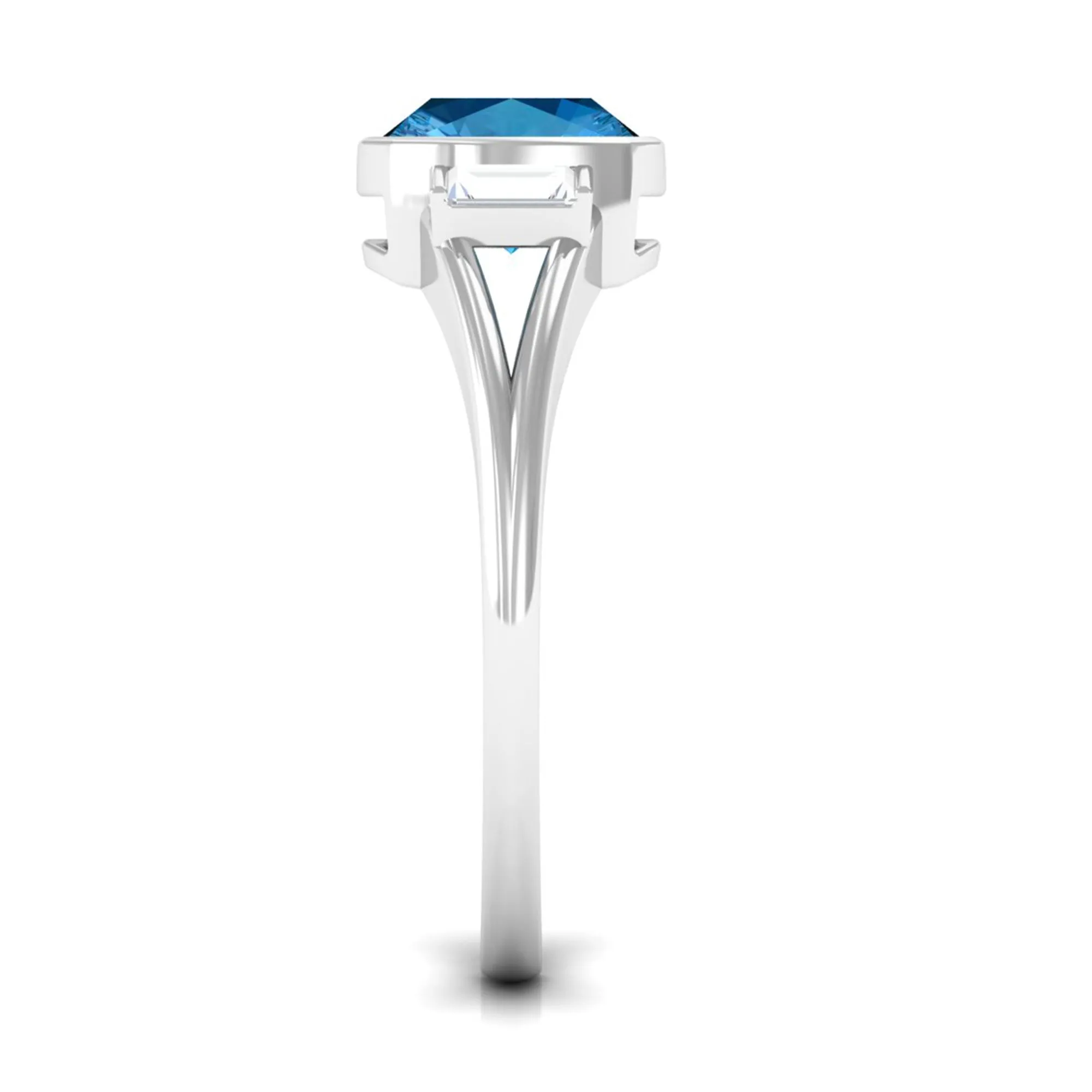Cushion Cut Swiss Blue Topaz Solitaire Ring with Diamond in Split Shank