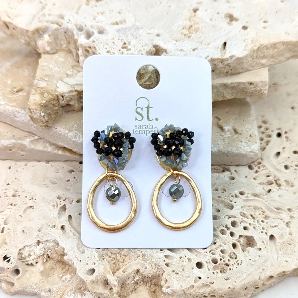 Dangle earrings with bead encrusted post and organic ring element