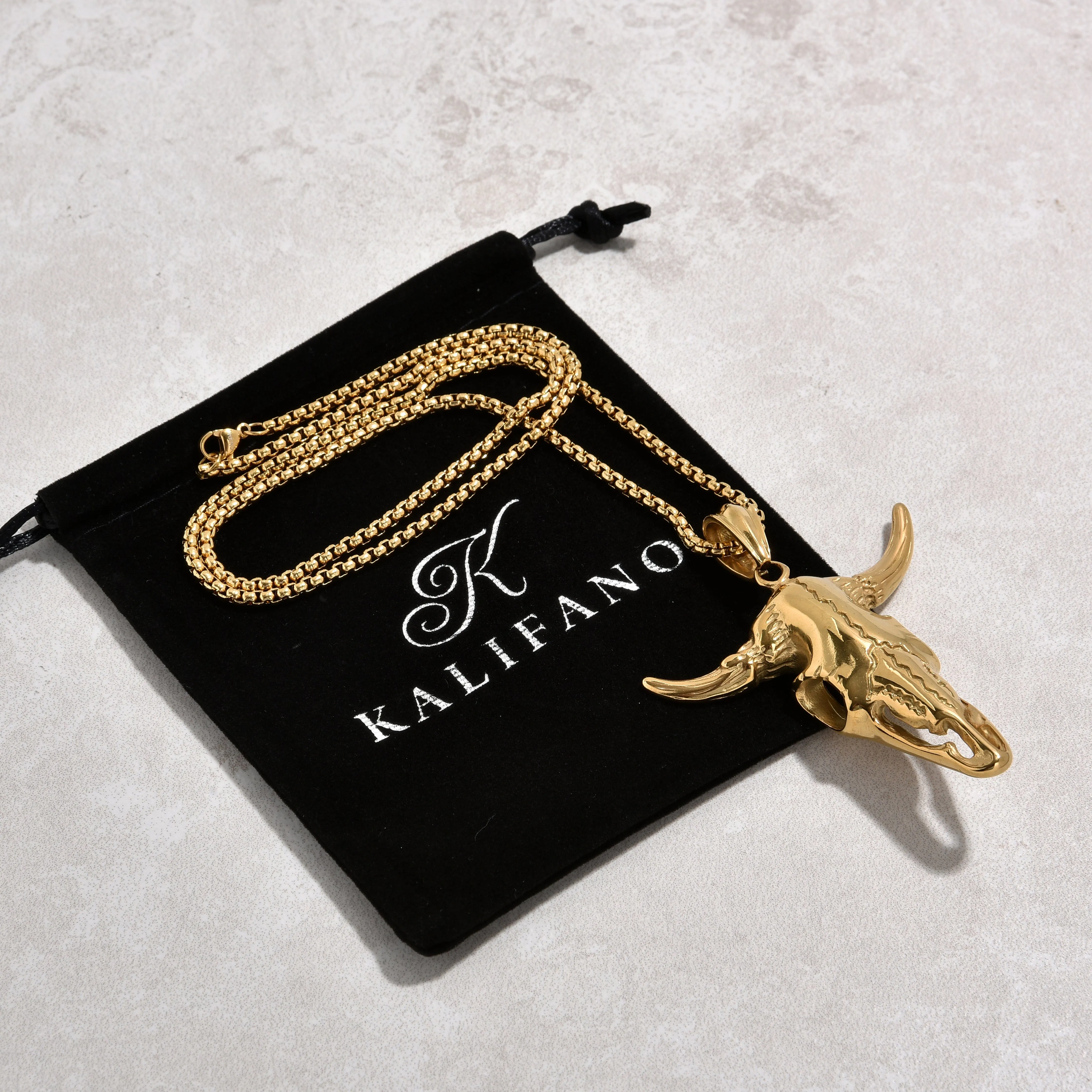 Gold Large Bull Skull Steel Hearts Necklace