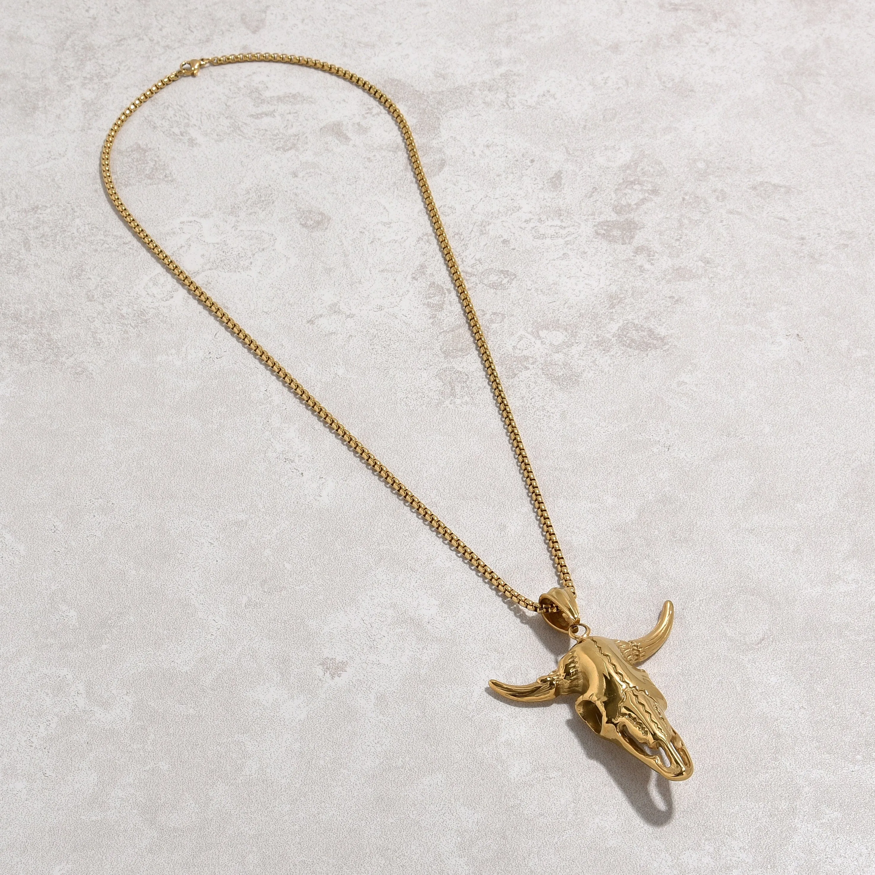 Gold Large Bull Skull Steel Hearts Necklace