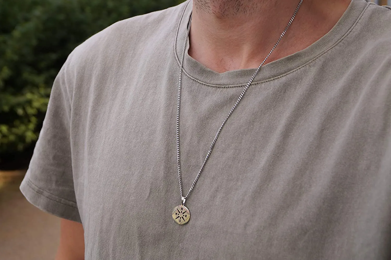 Made by Nami Necklace for Men with or without Various Pendants - Mens High-Quality Stainless Steel Necklace Chain 23" - Gold Silver Gun-Metal Black - Handmade Surfer Jewelry (Silver Compass)