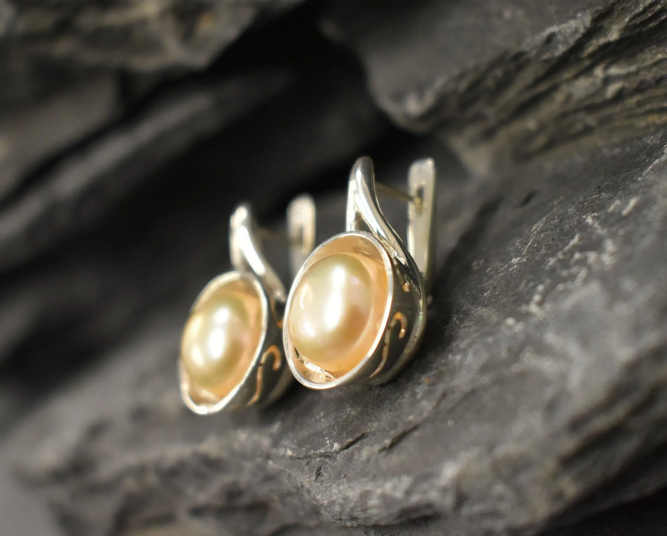 Peach Pearl Earrings - Genuine Pearl Earrings - Drop Bridal Earrings