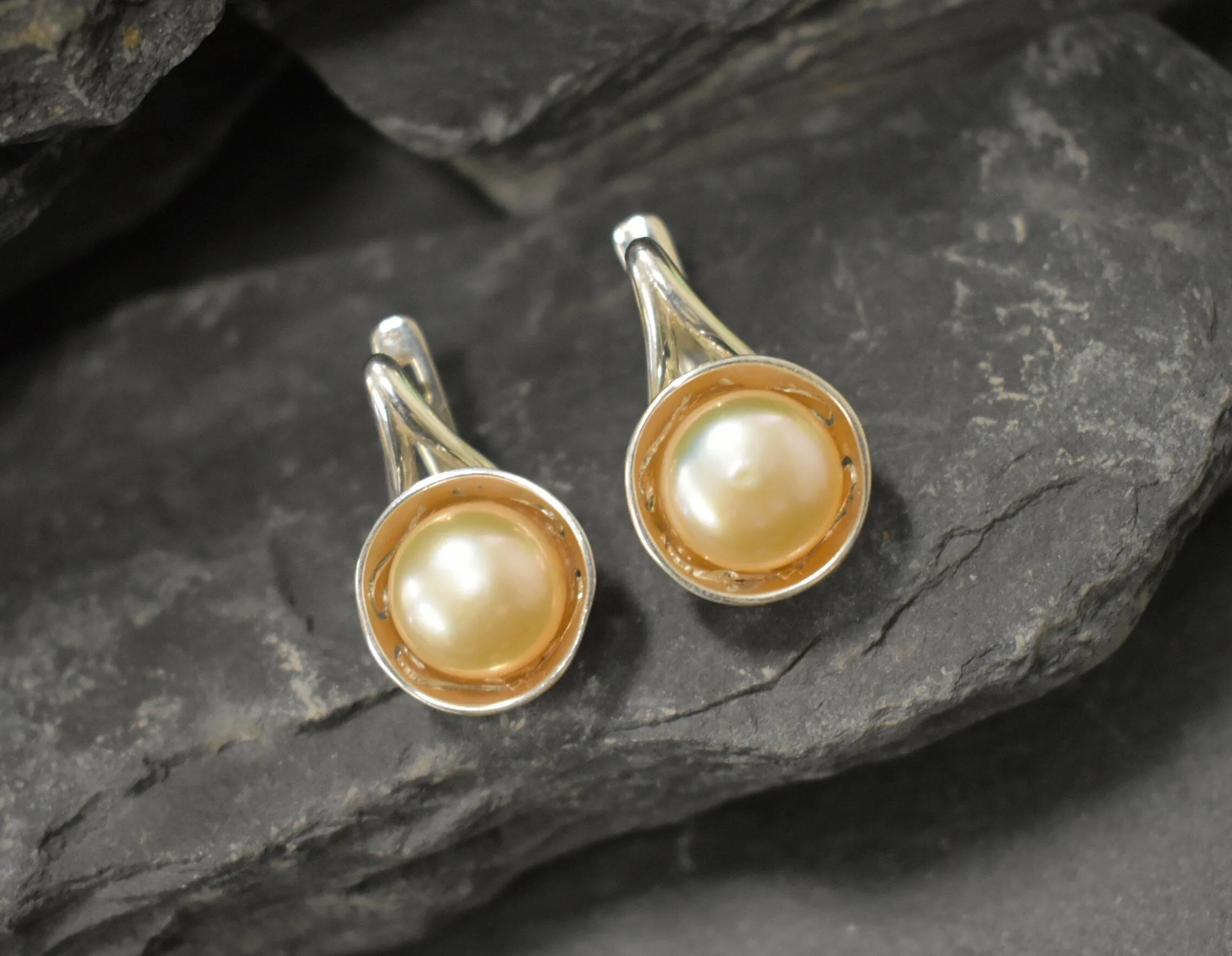 Peach Pearl Earrings - Genuine Pearl Earrings - Drop Bridal Earrings