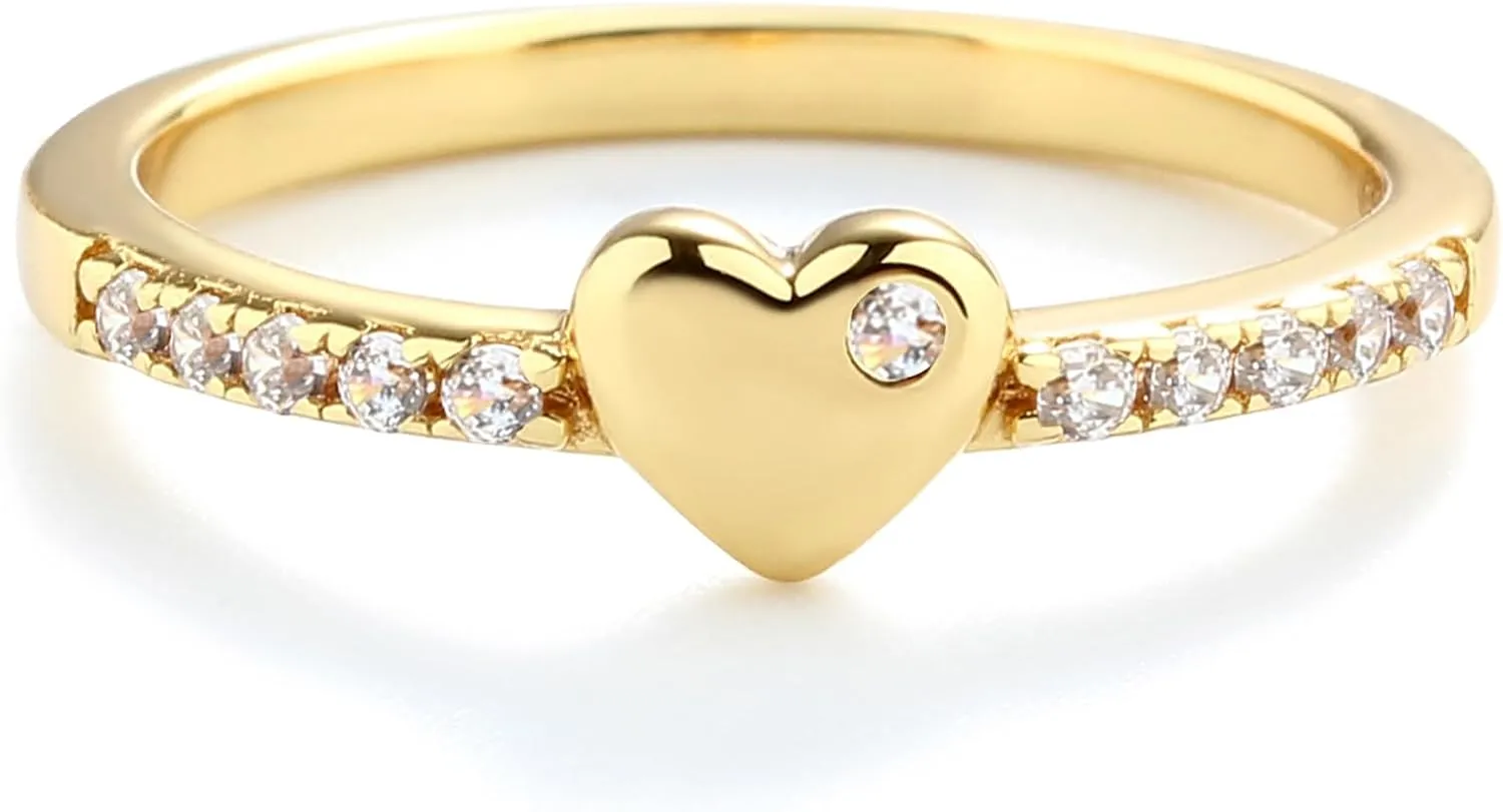 Precious Pieces Sterling Silver or 14K Gold Plated Baby Ring with Puff Heart and Pink CZs for Babies, Toddlers, Little Girls, Stackable or Pinky Ring for Teens and Women