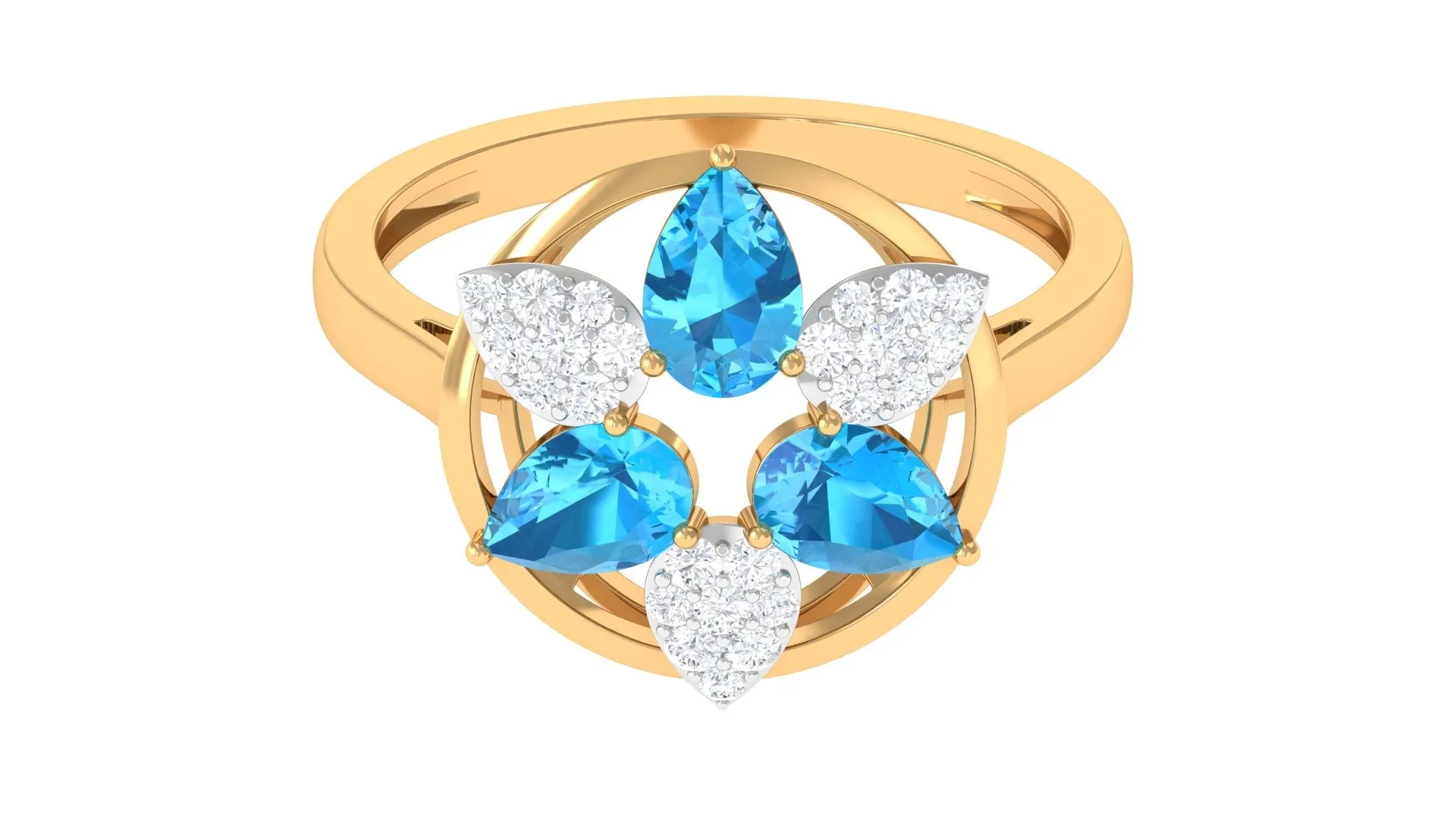 Swiss Blue Topaz Floral Cocktail Ring with Diamond