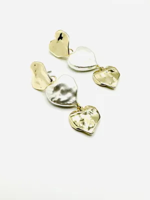 Triple Heart Hammered Earring with Pearl